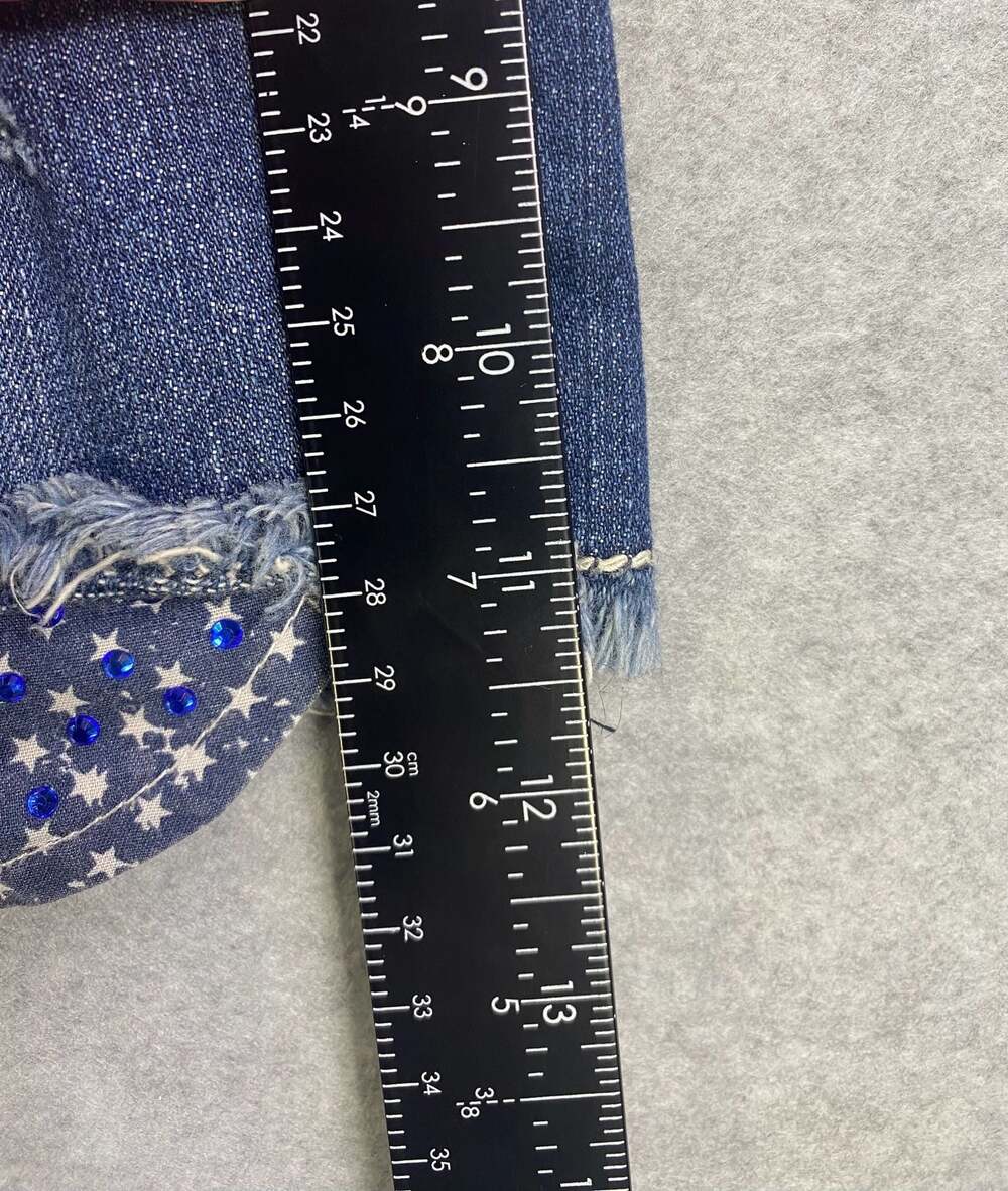 Paisley Sky Denim Shorts with American Flag Patch and Rhinestone Embellishments - Picture 7 of 9